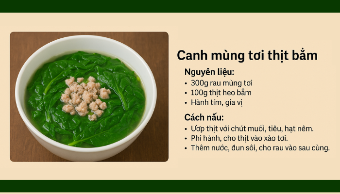 Canh rau mùng tới với thịt bầm.